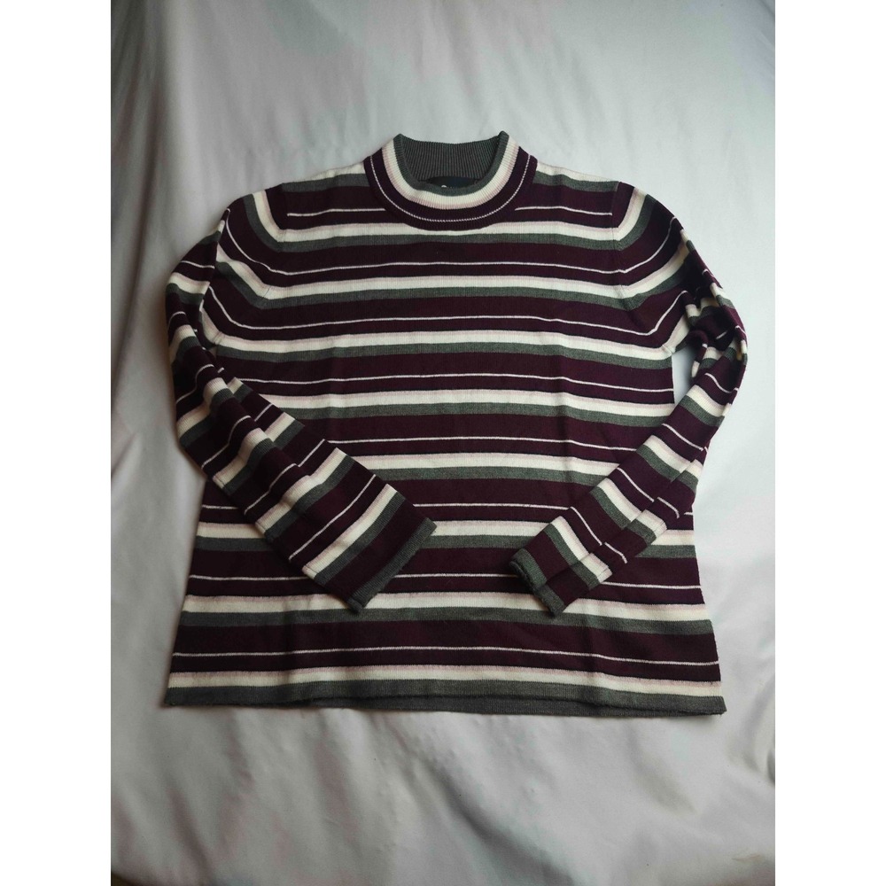 Sag Harbor Sweater Womens Small Burgundy Gray Striped Knit Mock Neck Pullover